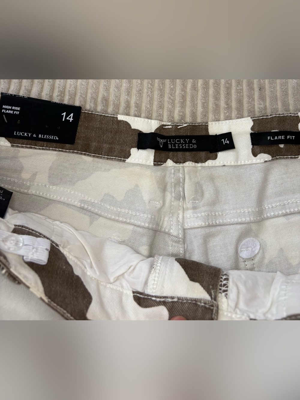 Lucky & Blessed Brown and Cream Cow Print Flare Jeans Size 14 - Picture 2 of 9